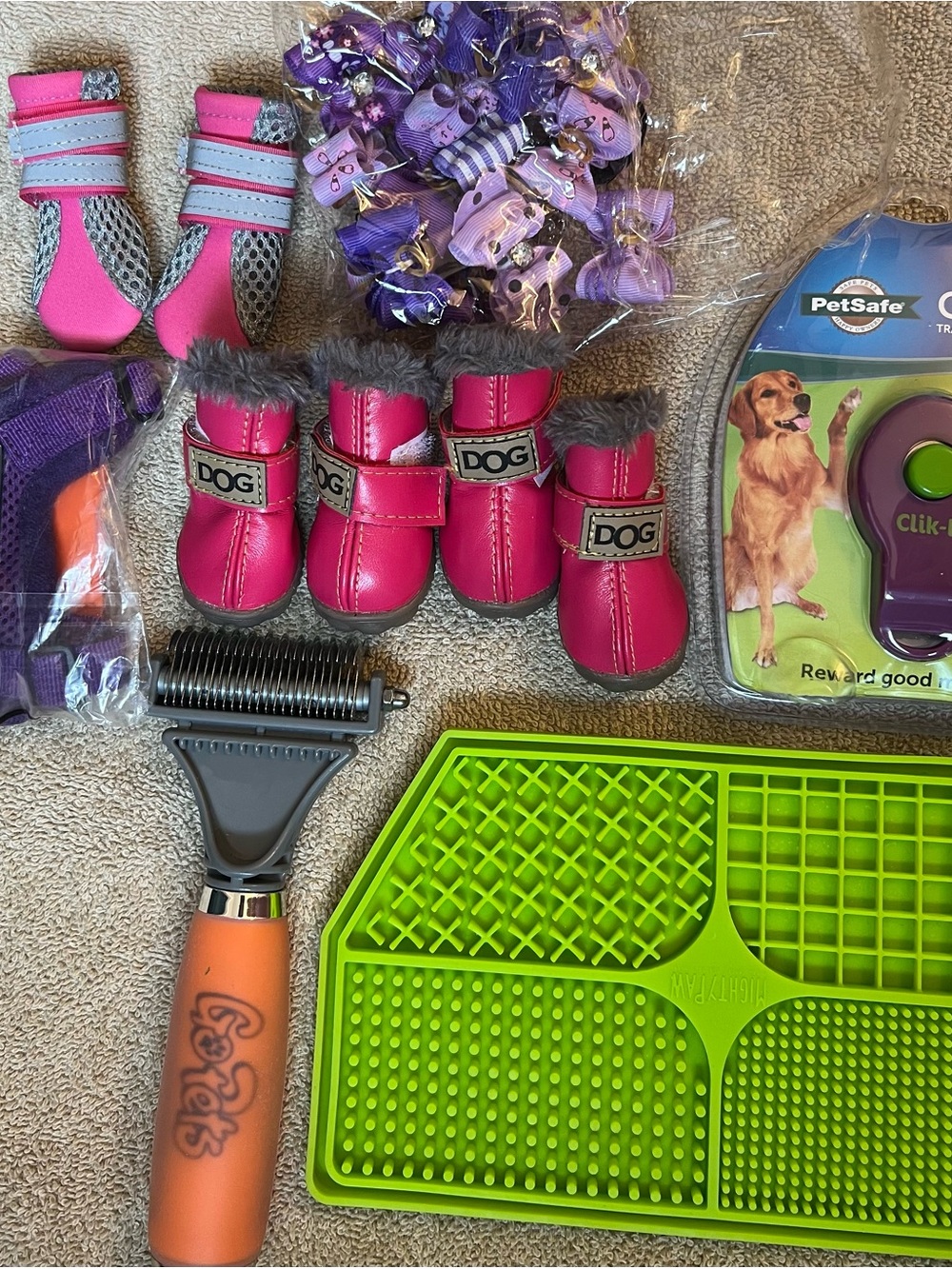 Pink Faux-Fur Dog Lot; Boots, go pets brush, clik-R, voyager xxxs mess harness